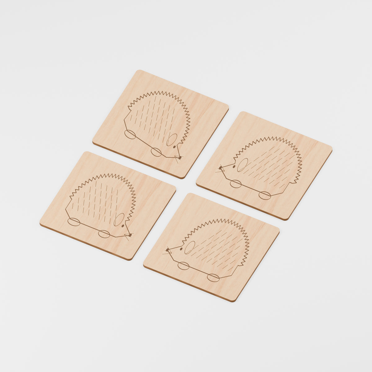 Engraved Wooden Coaster Sets — Hedgehog, Oak veneered MDF, 3 mm, 100 mm diameter, 4