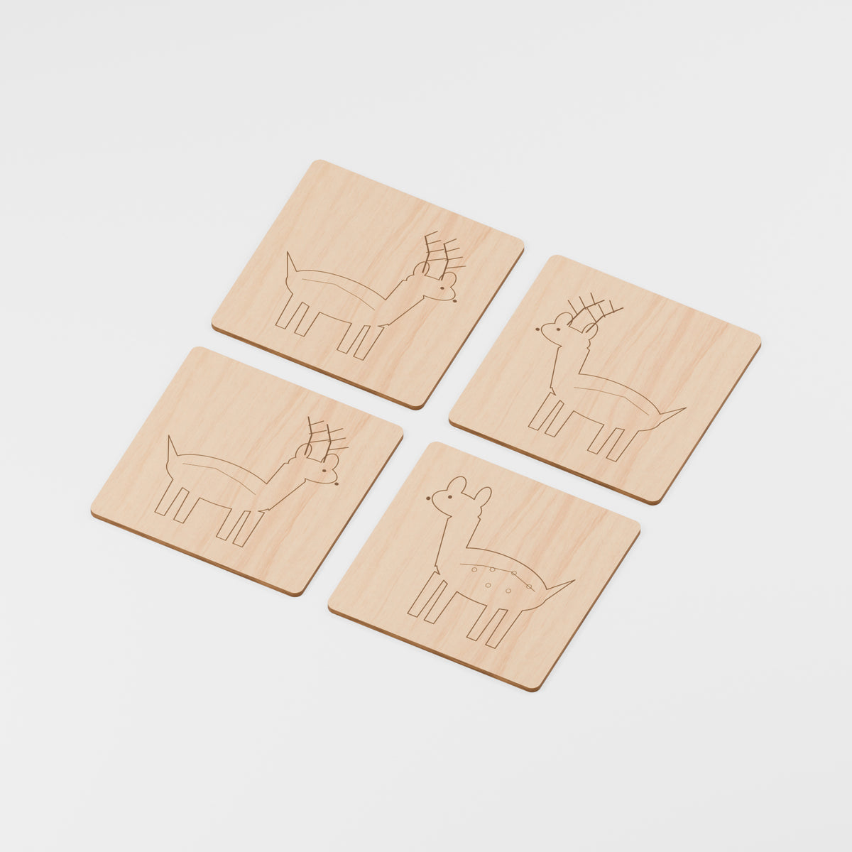 Engraved Wooden Coaster Sets — Deer, Oak veneered MDF, 3 mm, 100 mm diameter, 4