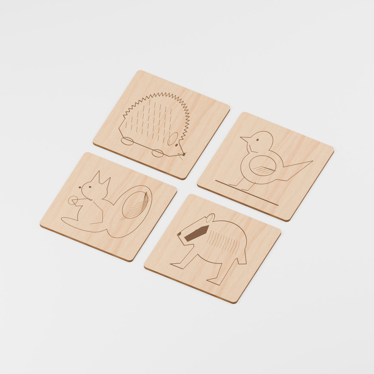 Engraved Wooden Coaster Sets — Woodland Animal, Oak veneered MDF, 3 mm, 100 mm diameter, 4