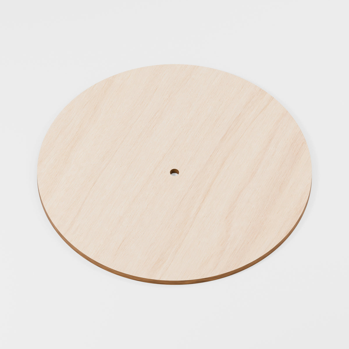 Bare wooden clock blank with centre shaft hole; no hands fitted — product visualisation