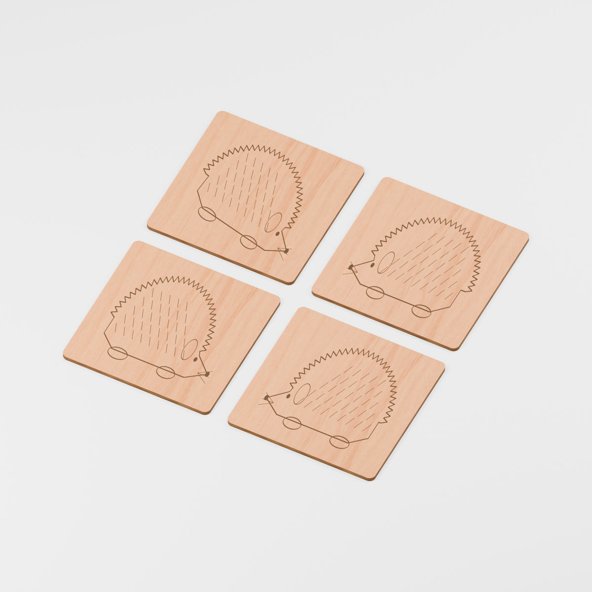 Engraved Wooden Coaster Sets — Hedgehog, Cherry veneered MDF, 3 mm, 100 mm diameter, 4