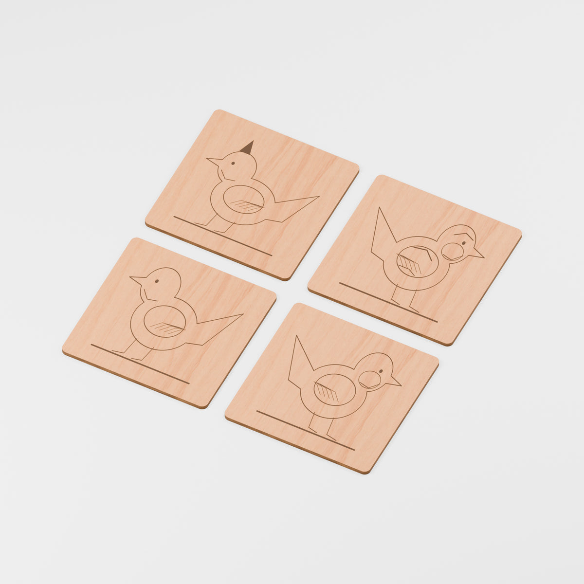 Engraved Wooden Coaster Sets — Garden Bird, Cherry veneered MDF, 3 mm, 100 mm diameter, 4