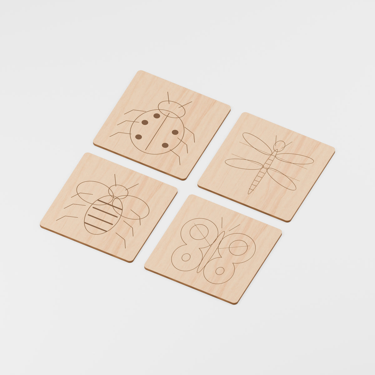 Engraved Wooden Coaster Sets — Insect, Oak veneered MDF, 3 mm, 100 mm diameter, 4