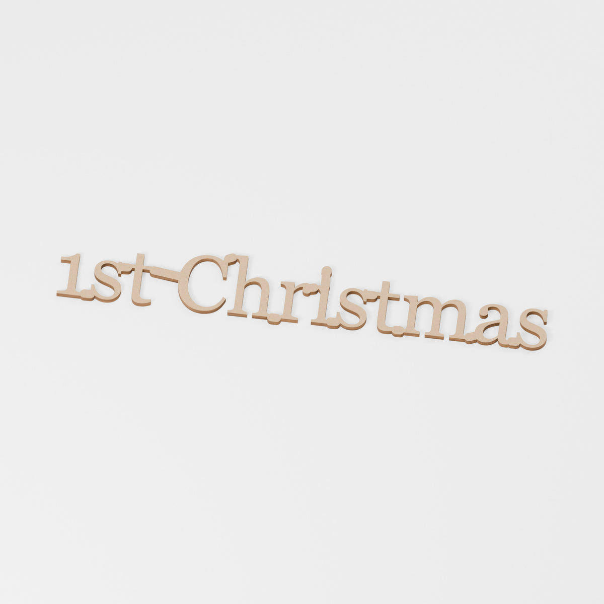1st Christmas Wooden Word — original 888 Cutout design in unfinished MDF; studio product visualisation