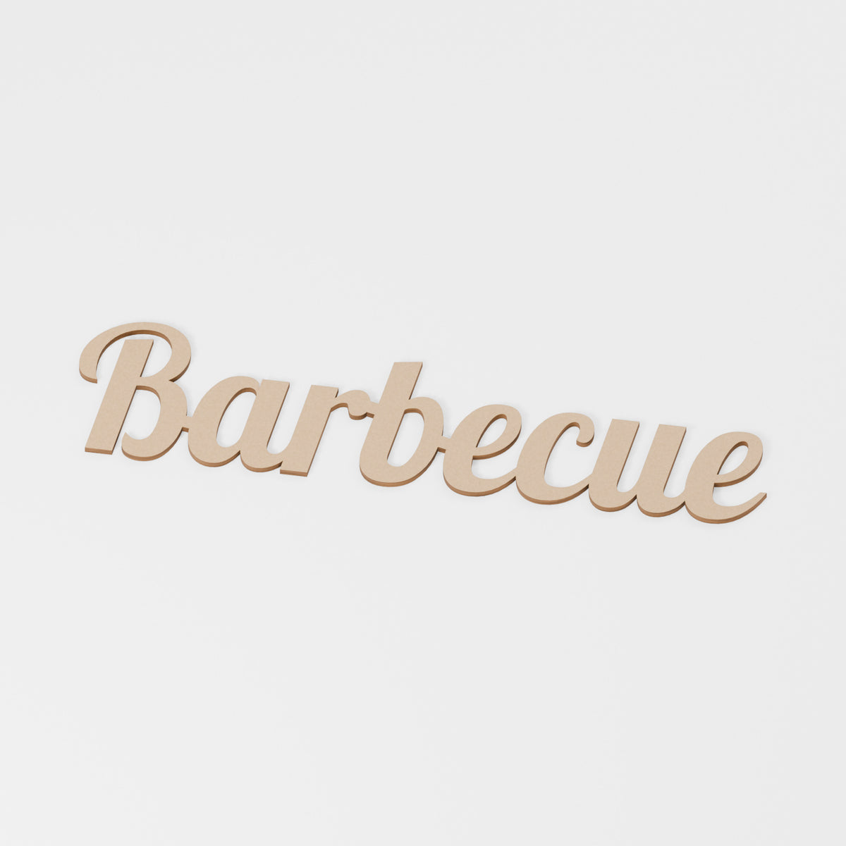 Barbecue Wooden Word — original 888 Cutout design in unfinished MDF; studio product visualisation
