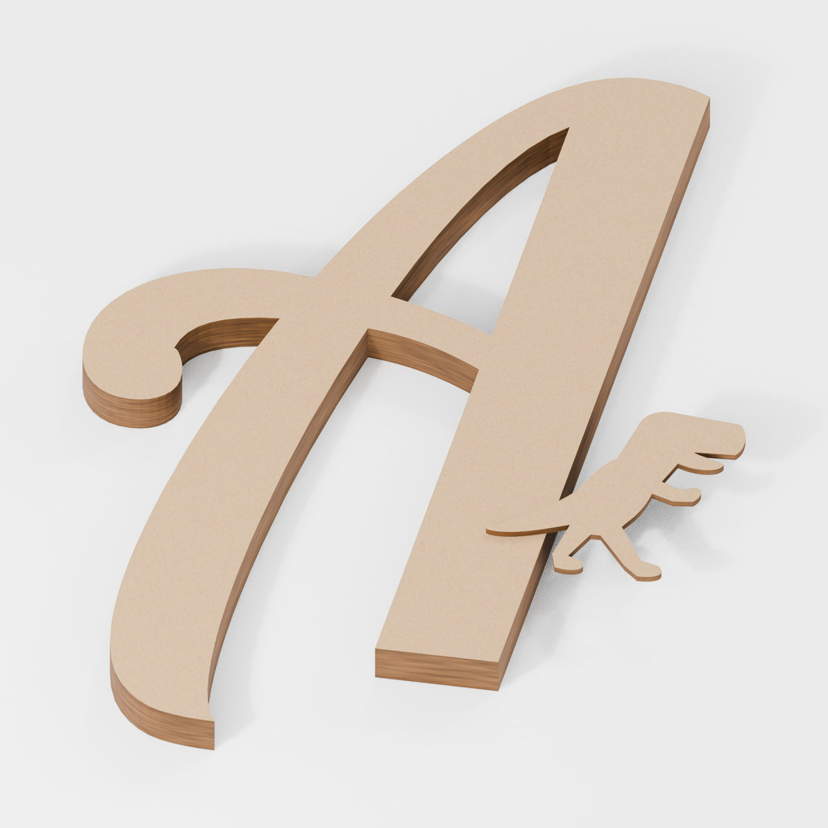 Dinosaur Decorated Letter — original 888 Cutout design in unfinished MDF; studio product visualisation