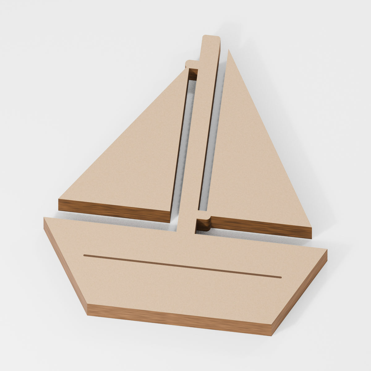 Boat Standing Shape — original 888 Cutout design in unfinished MDF; studio product visualisation