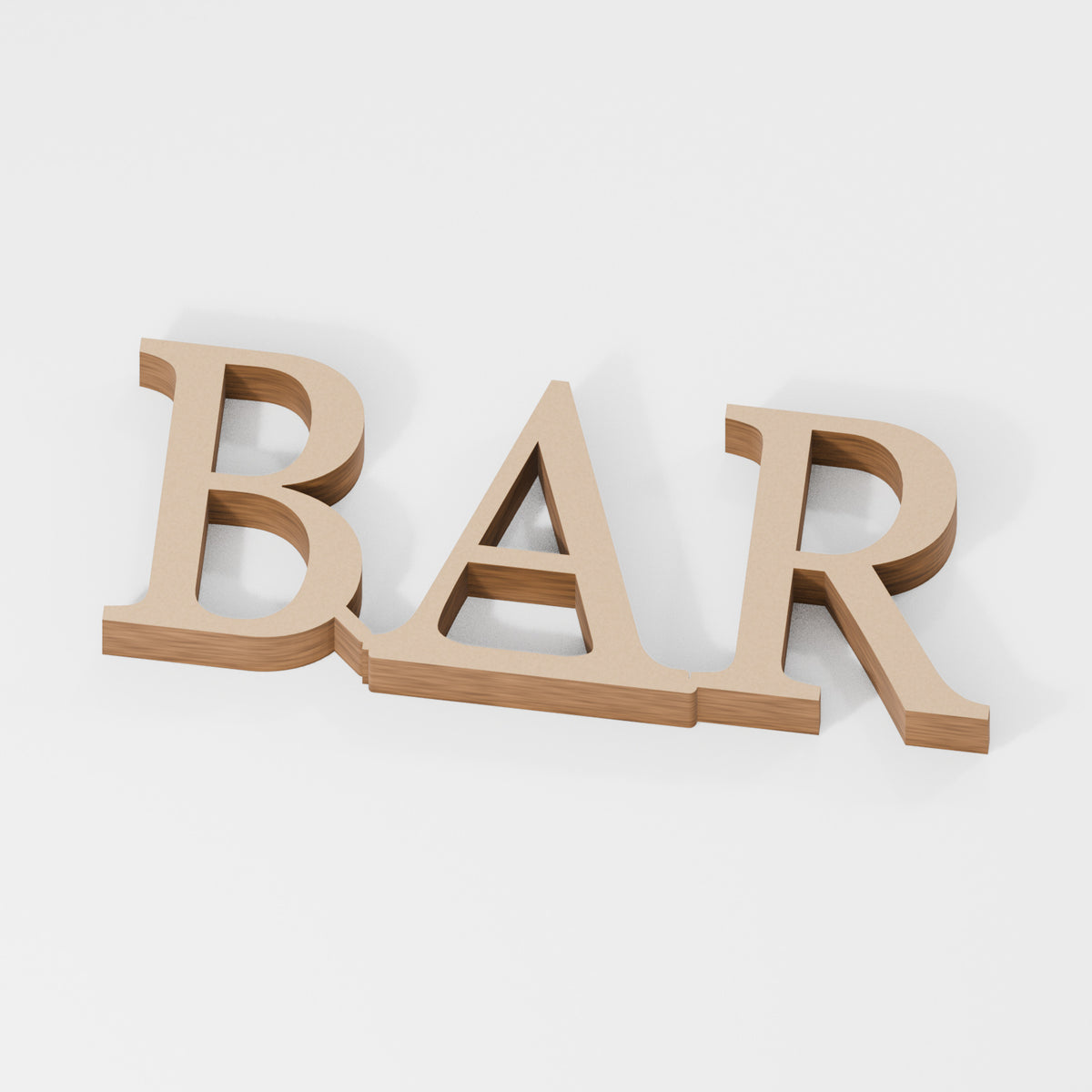 BAR Standing Wooden Word — original 888 Cutout design in unfinished MDF; studio product visualisation