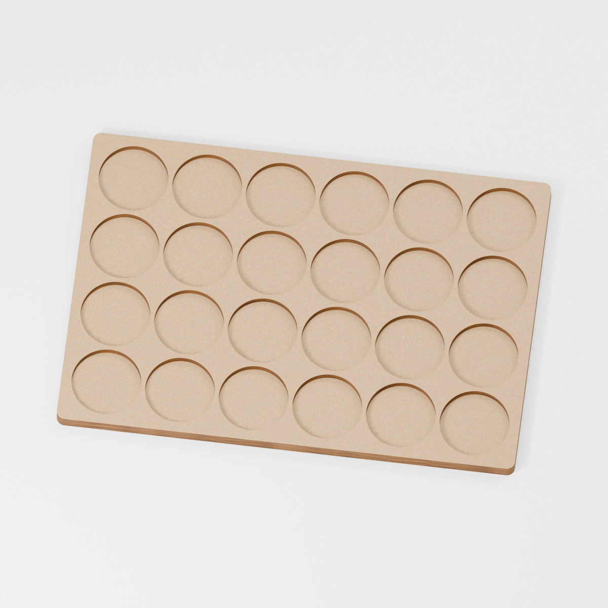 Miniature Movement Tray — original 888 Cutout design in unfinished MDF; studio product visualisation