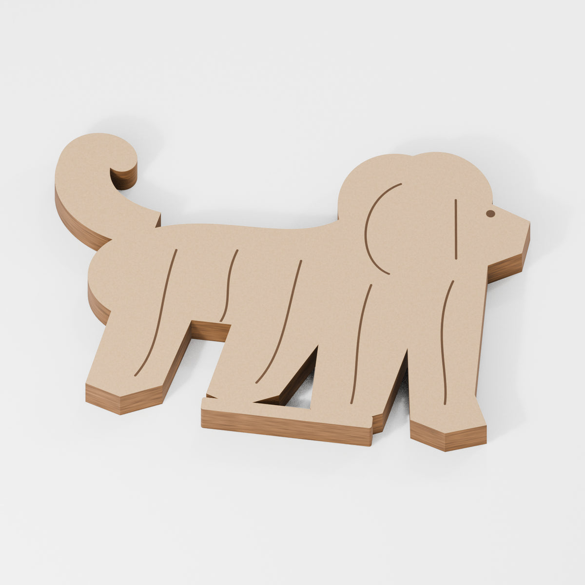 Bearded Collie Standing Shape — original 888 Cutout design in unfinished MDF; studio product visualisation
