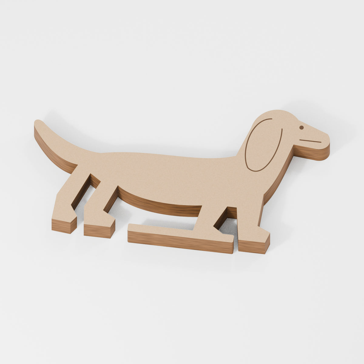 Dachshund Standing Shape — original 888 Cutout design in unfinished MDF; studio product visualisation