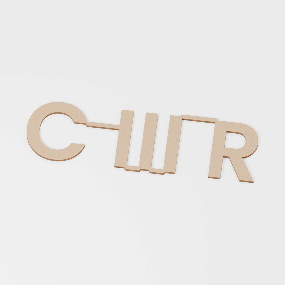 C III R Wooden Word — original 888 Cutout design in unfinished MDF; studio product visualisation
