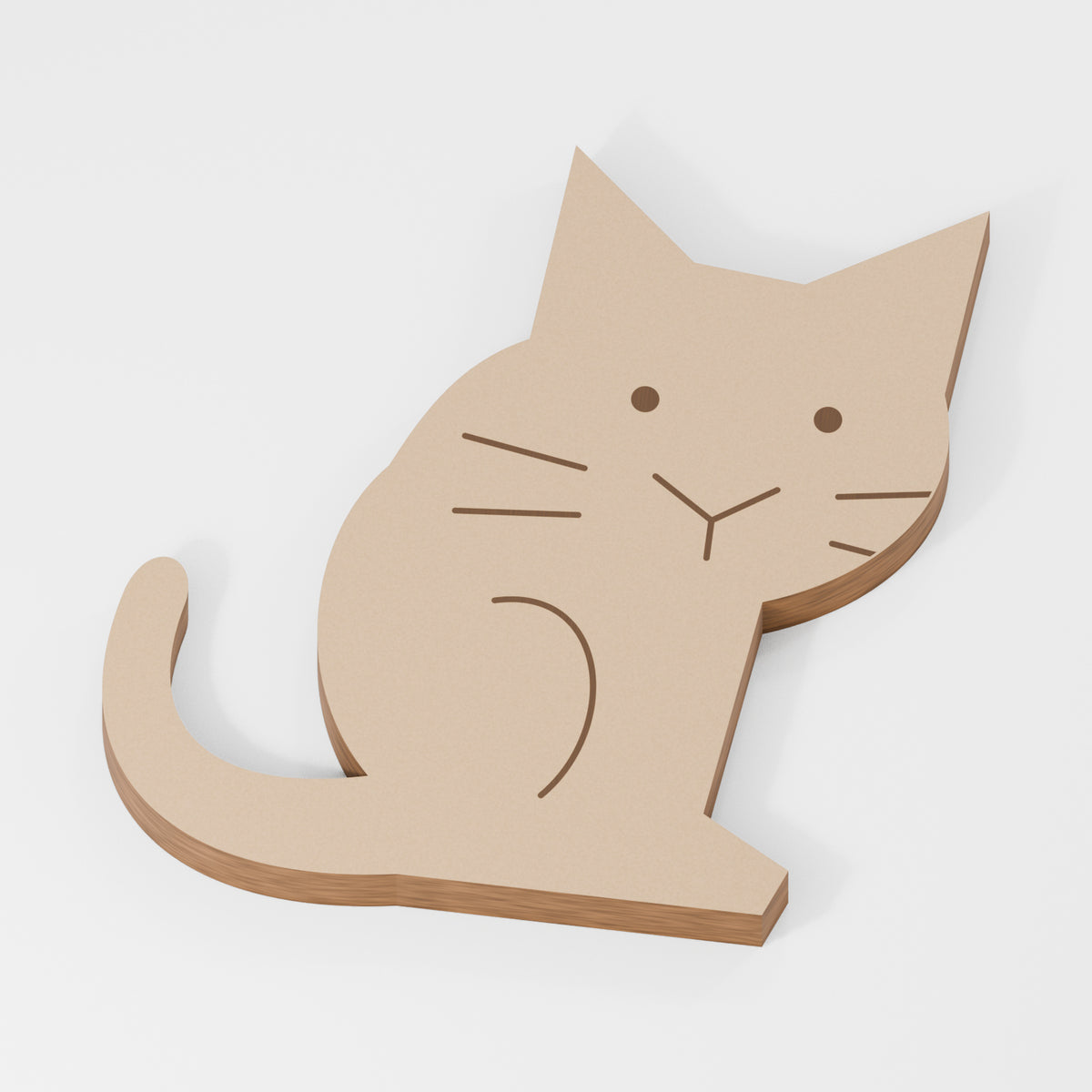 Cat Standing Shape — original 888 Cutout design in unfinished MDF; studio product visualisation