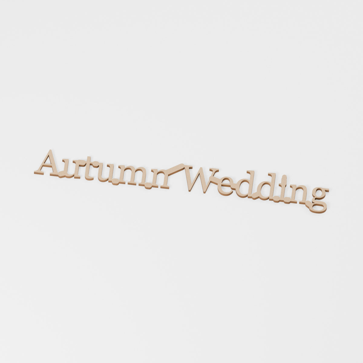 Autumn Wedding Wooden Word — original 888 Cutout design in unfinished MDF; studio product visualisation