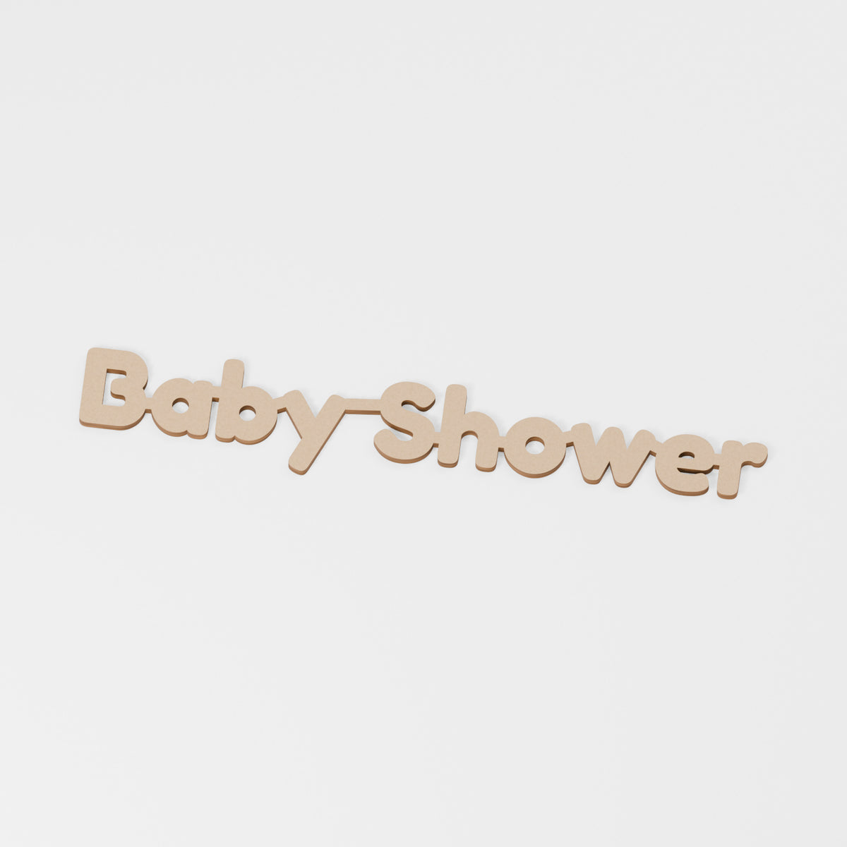 Baby Shower Wooden Word — original 888 Cutout design in unfinished MDF; studio product visualisation