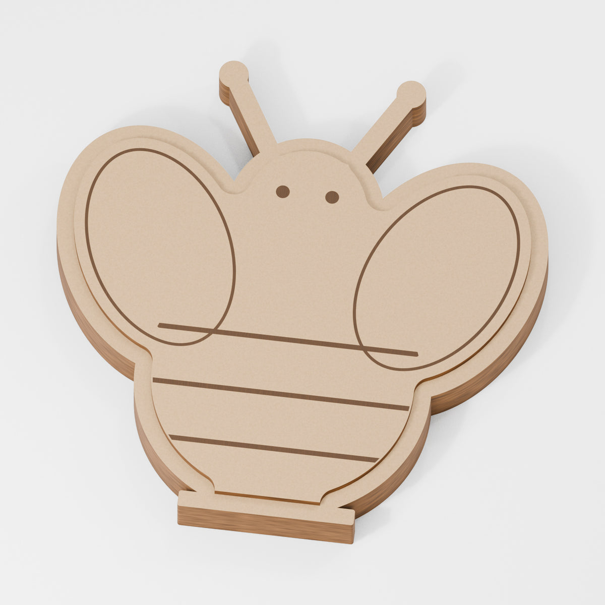 Bee Standing Shape — original 888 Cutout design in unfinished MDF; studio product visualisation
