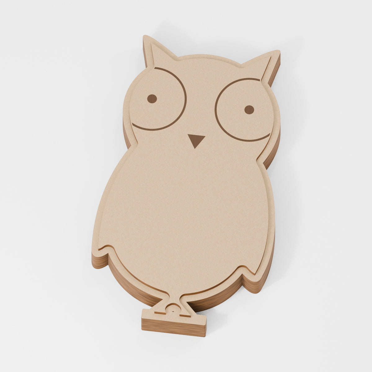 Owl Standing Layered Decoration — original 888 Cutout design in unfinished MDF; studio product visualisation