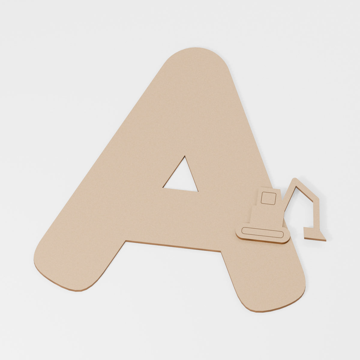Digger Decorated Letter — original 888 Cutout design in unfinished MDF; studio product visualisation