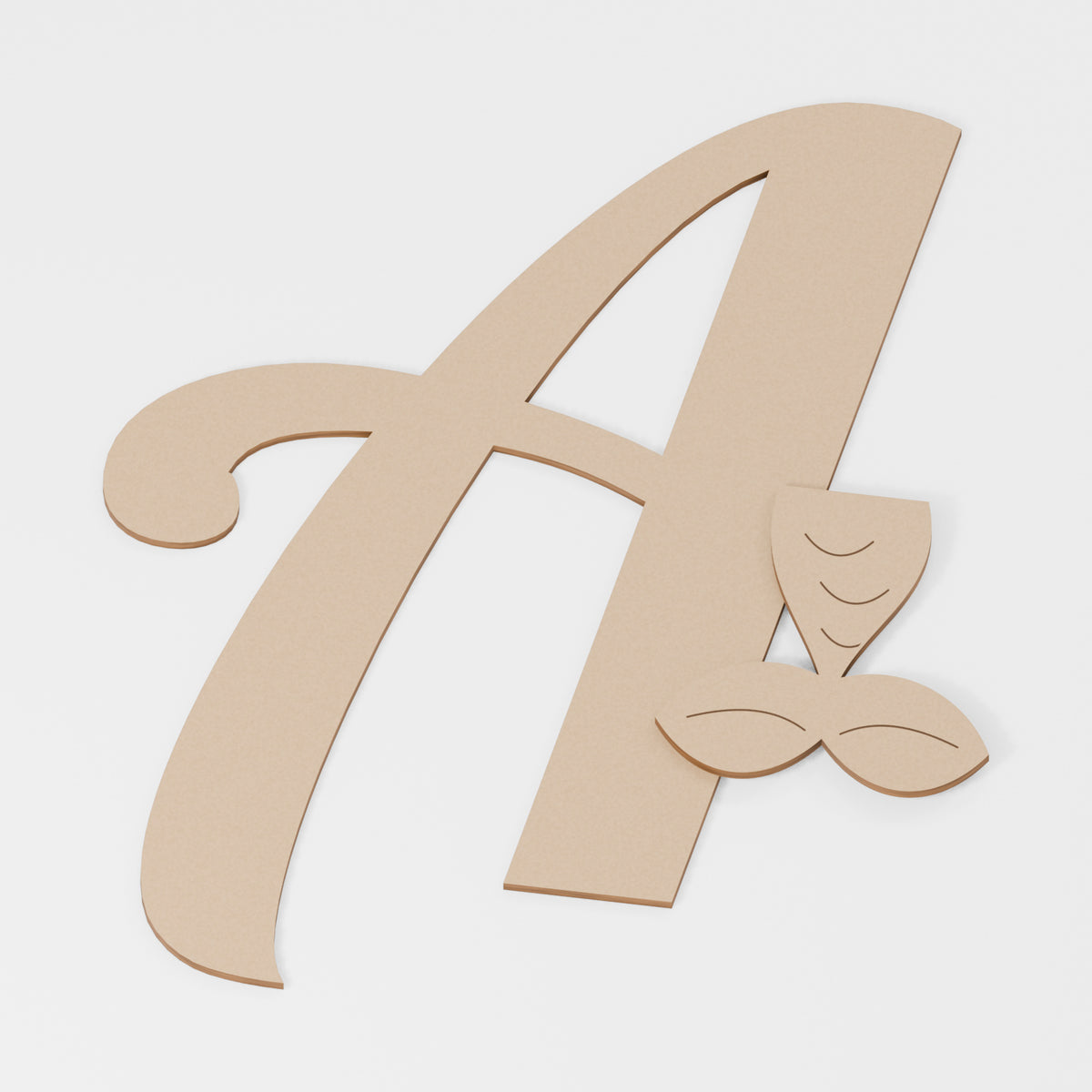Mermaid Tail Decorated Letter — original 888 Cutout design in unfinished MDF; studio product visualisation