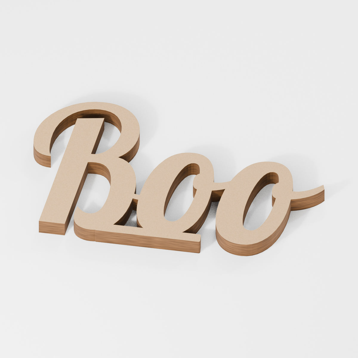 Boo Standing Wooden Word — original 888 Cutout design in unfinished MDF; studio product visualisation