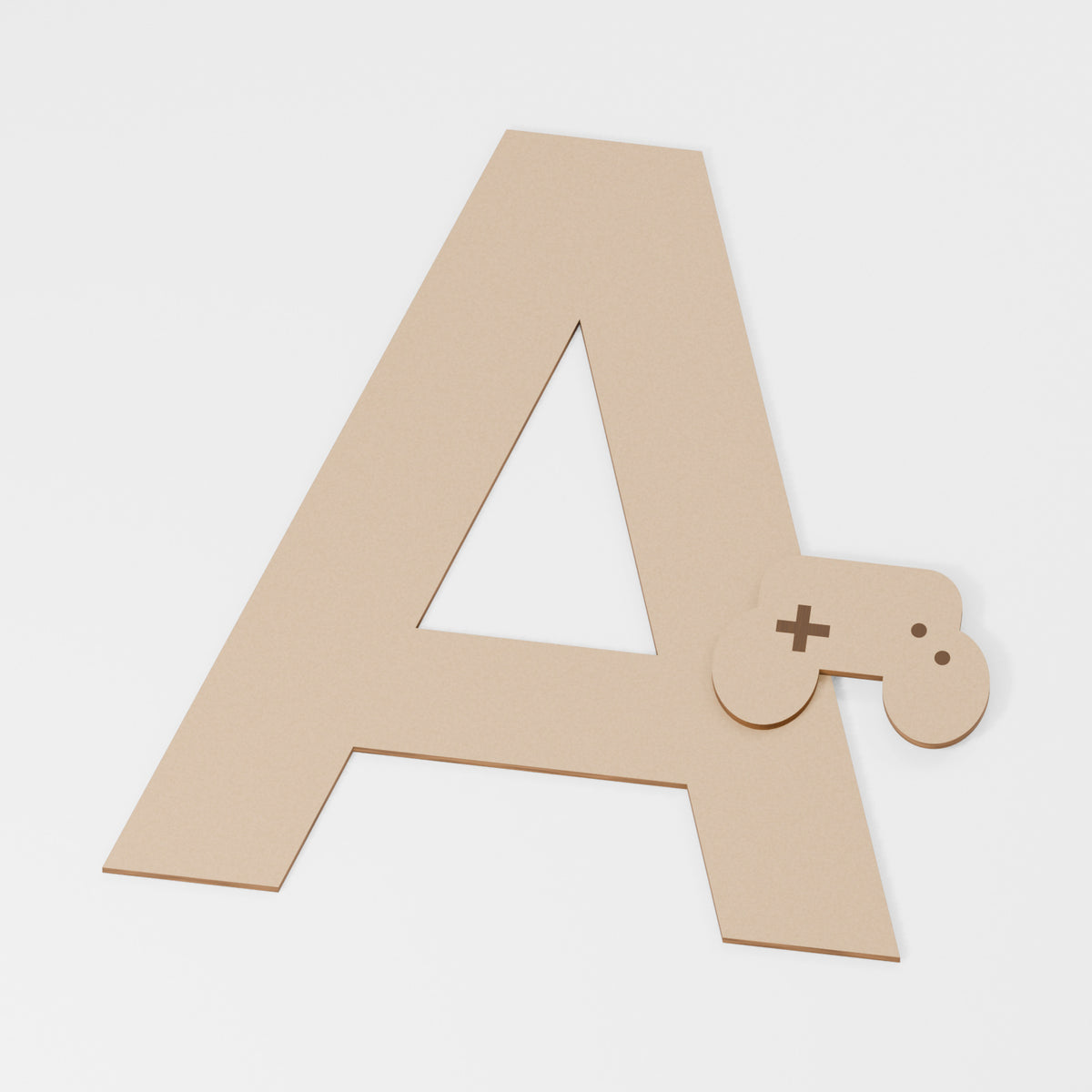 Game Controller Decorated Letter — original 888 Cutout design in unfinished MDF; studio product visualisation