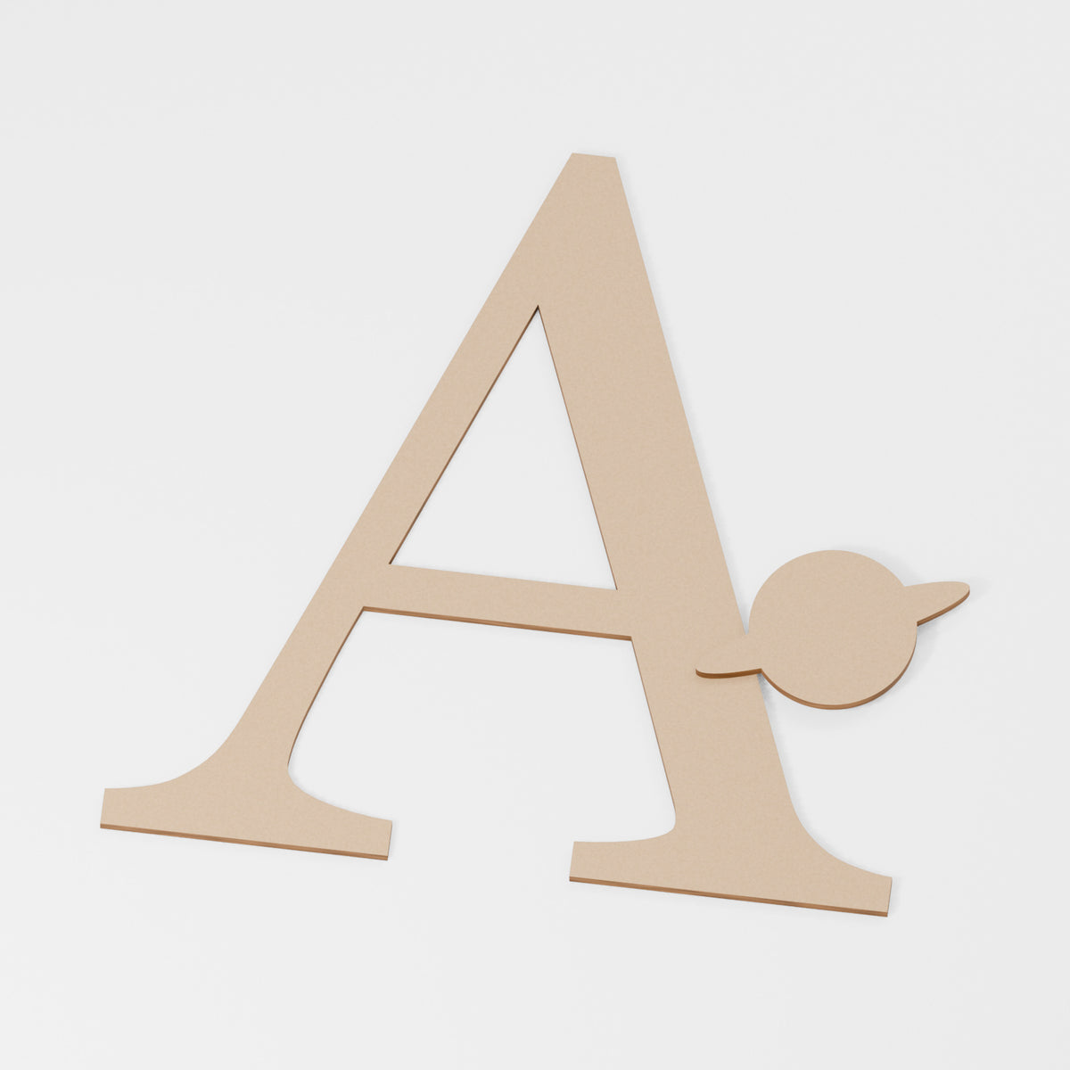 Planet Decorated Letter — original 888 Cutout design in unfinished MDF; studio product visualisation