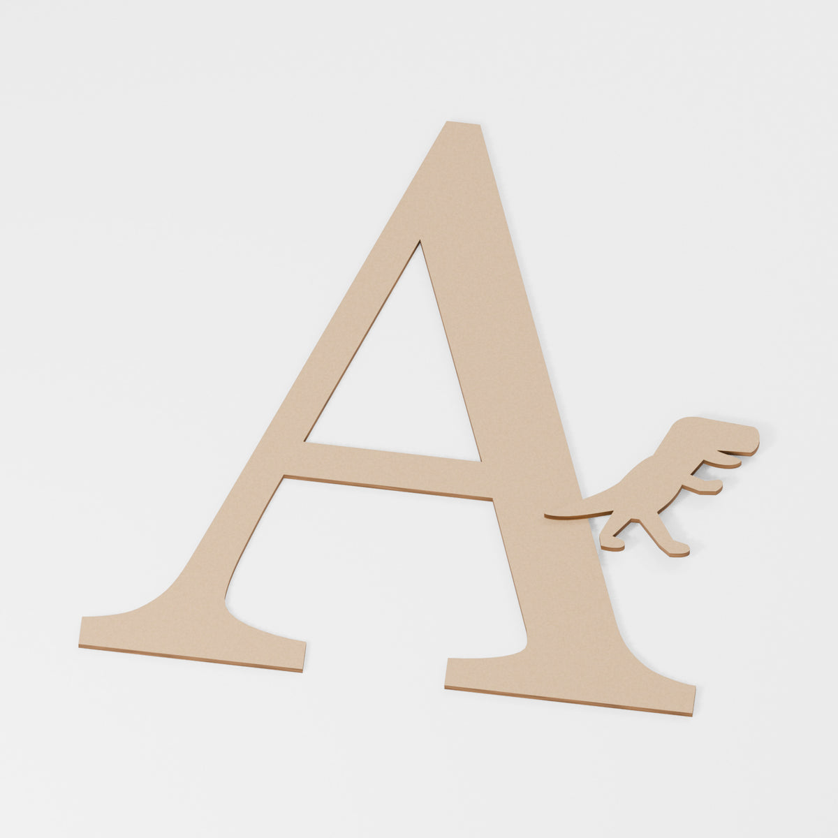 Dinosaur Decorated Letter — original 888 Cutout design in unfinished MDF; studio product visualisation
