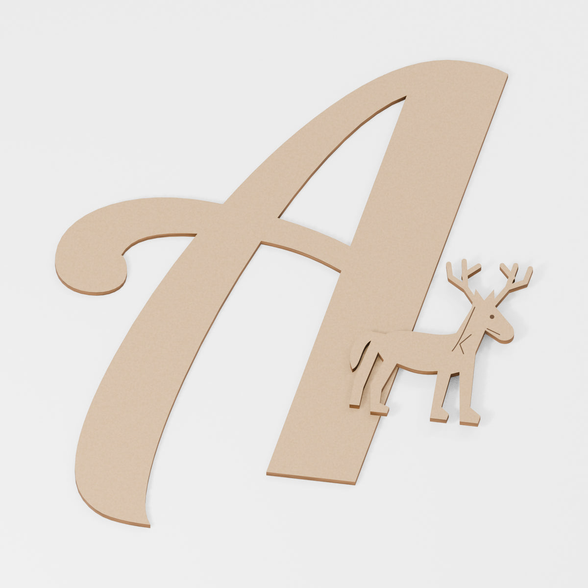 Reindeer Decorated Letter — original 888 Cutout design in unfinished MDF; studio product visualisation