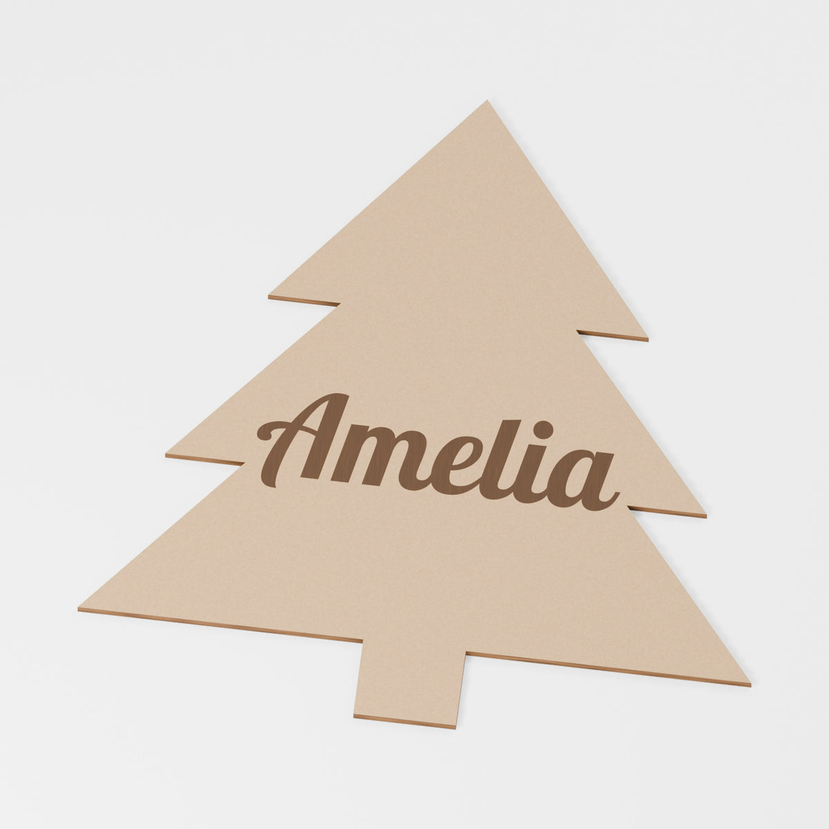 Christmas Tree Personalised Decoration — original 888 Cutout design in unfinished MDF; studio product visualisation