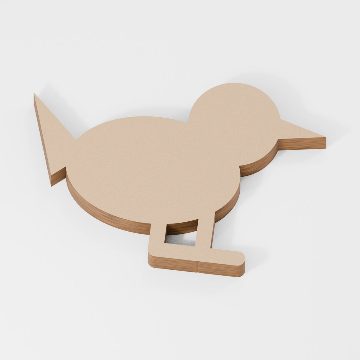 Bird Standing Shape — original 888 Cutout design in unfinished MDF; studio product visualisation