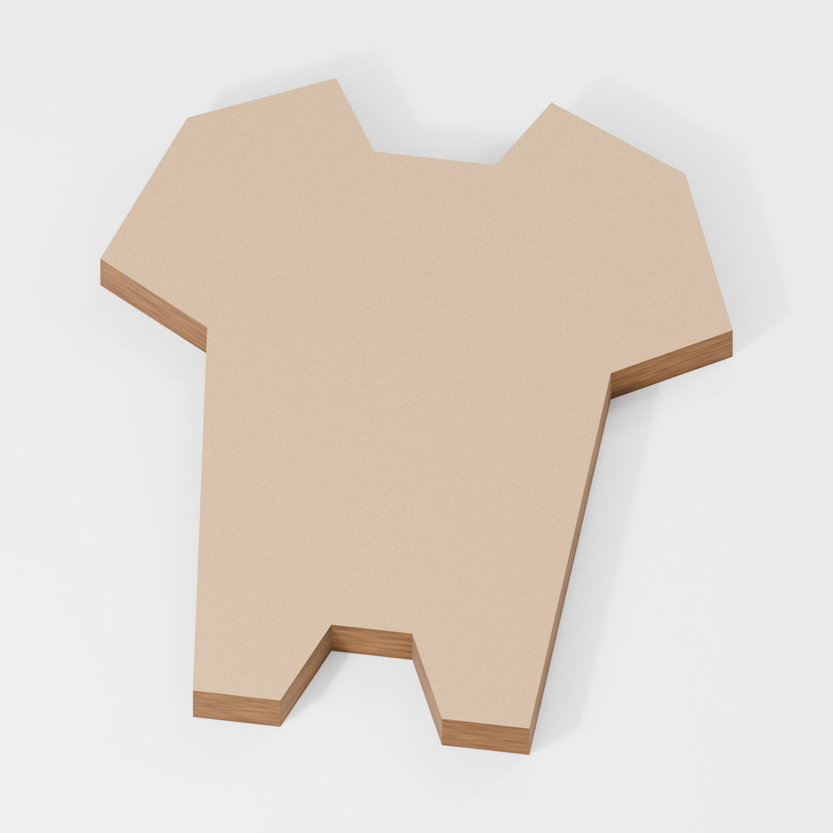 Baby Vest Standing Shape — original 888 Cutout design in unfinished MDF; studio product visualisation