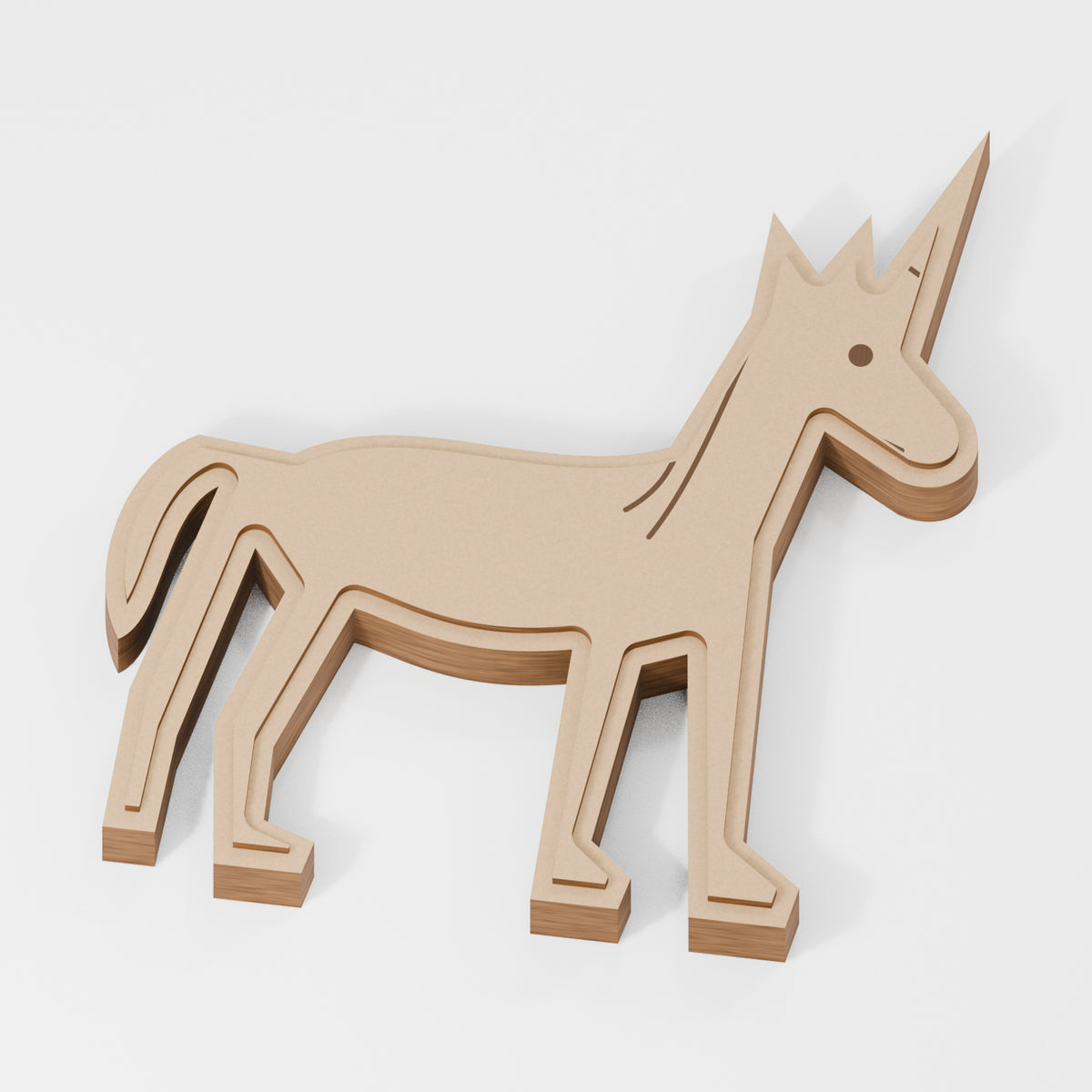 Unicorn Standing Layered Decoration — original 888 Cutout design in unfinished MDF; studio product visualisation