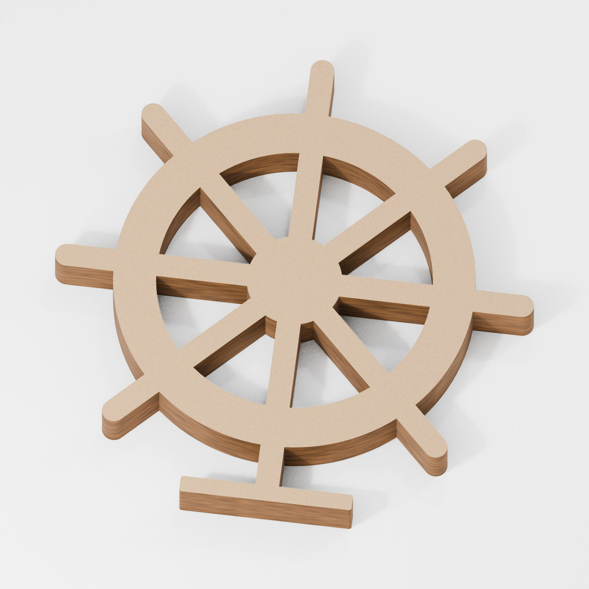 Ship Wheel Standing Shape — original 888 Cutout design in unfinished MDF; studio product visualisation