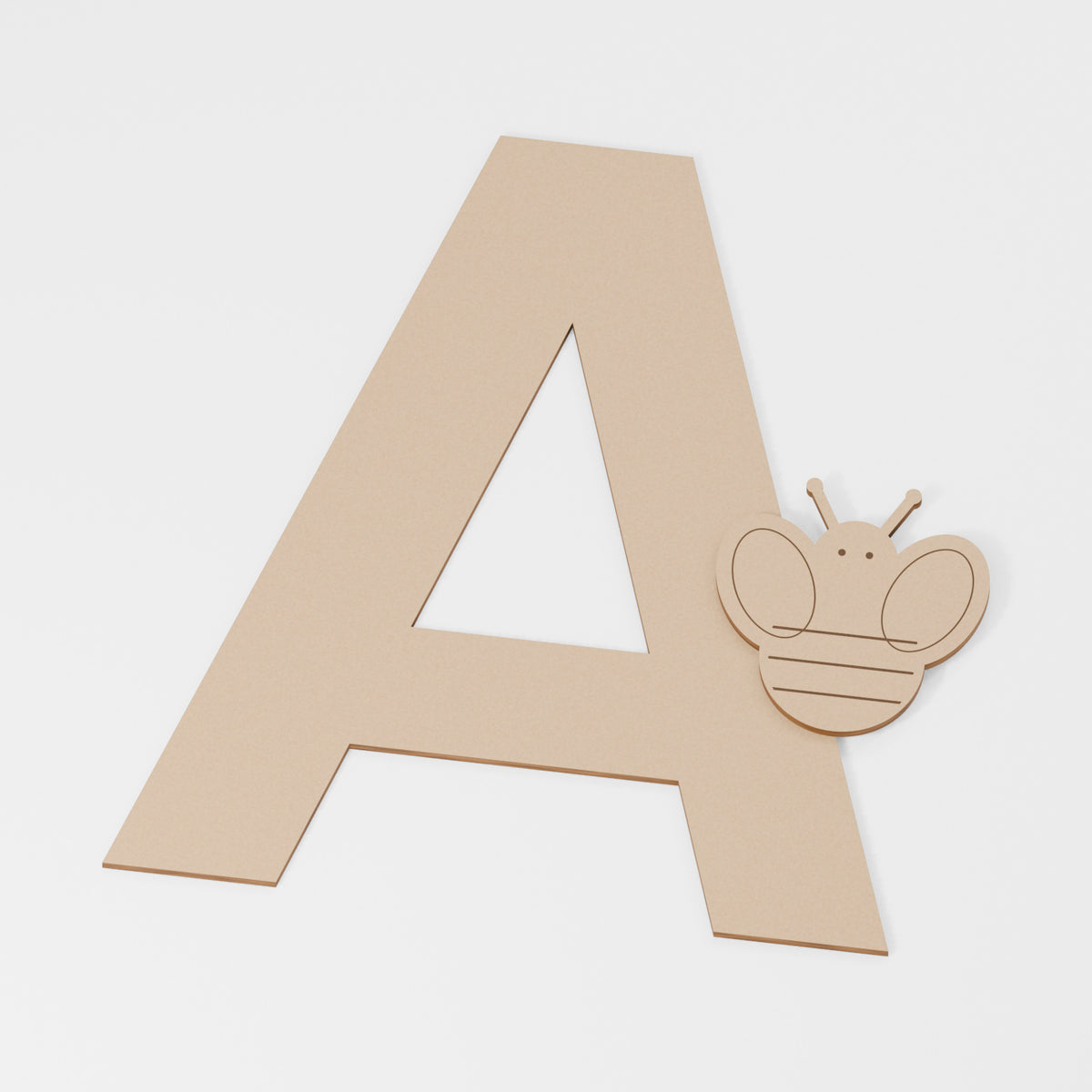 Bee Decorated Letter — original 888 Cutout design in unfinished MDF; studio product visualisation