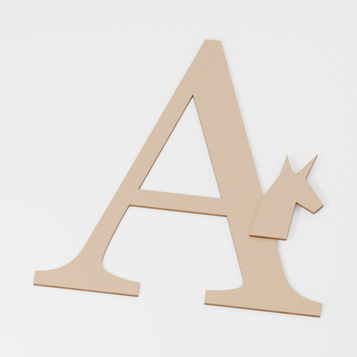 Unicorn Head Decorated Letter — original 888 Cutout design in unfinished MDF; studio product visualisation
