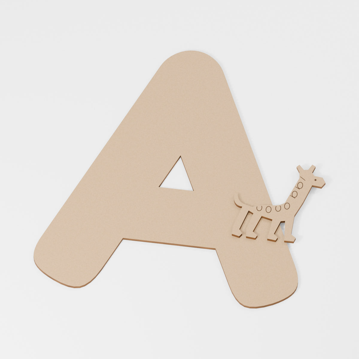 Giraffe Decorated Letter — original 888 Cutout design in unfinished MDF; studio product visualisation