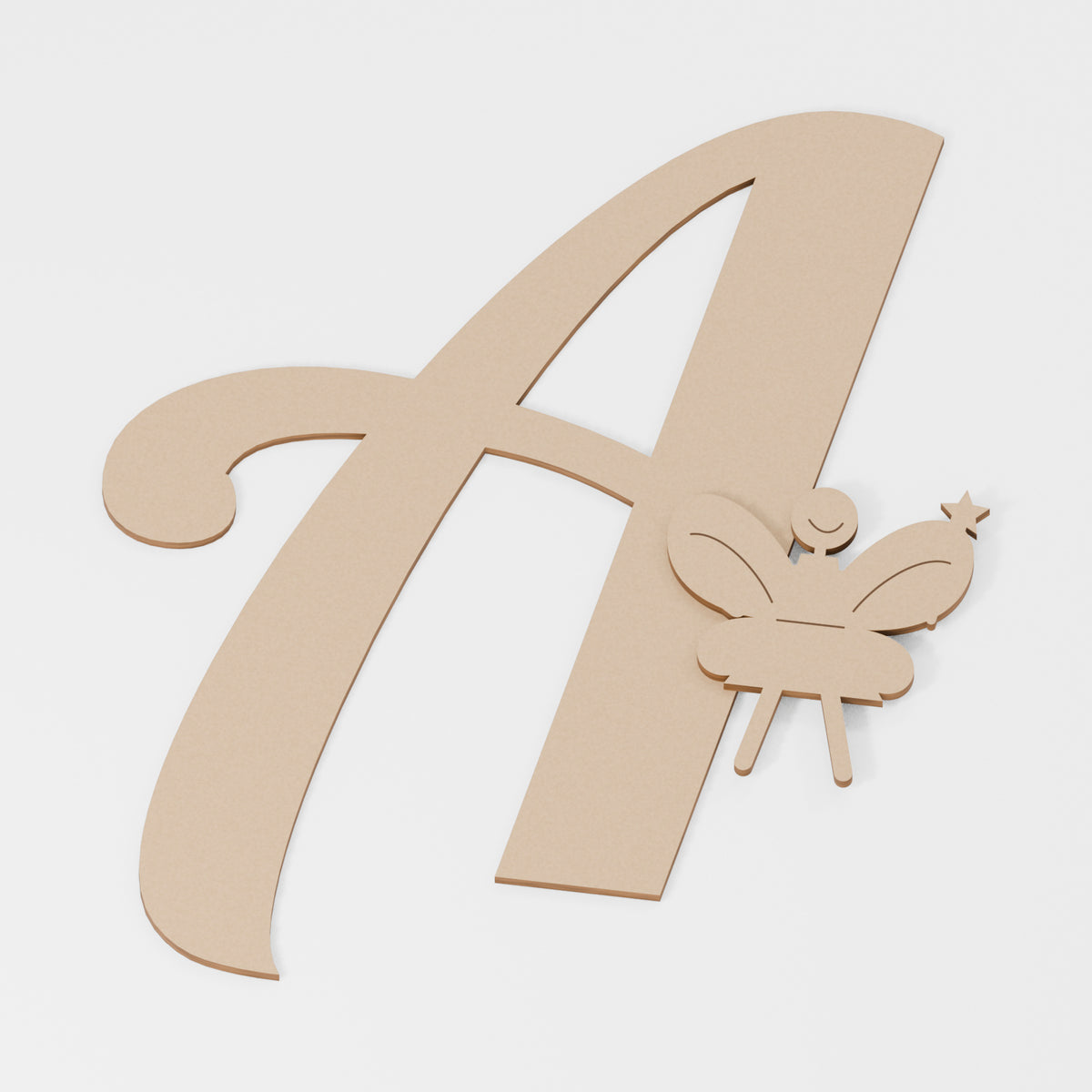 Fairy Decorated Letter — original 888 Cutout design in unfinished MDF; studio product visualisation