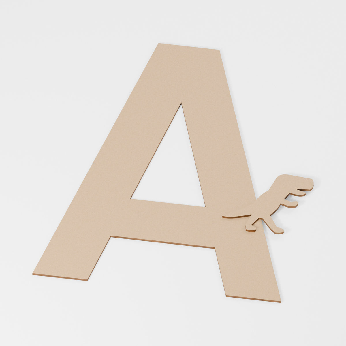 Dinosaur Decorated Letter — original 888 Cutout design in unfinished MDF; studio product visualisation