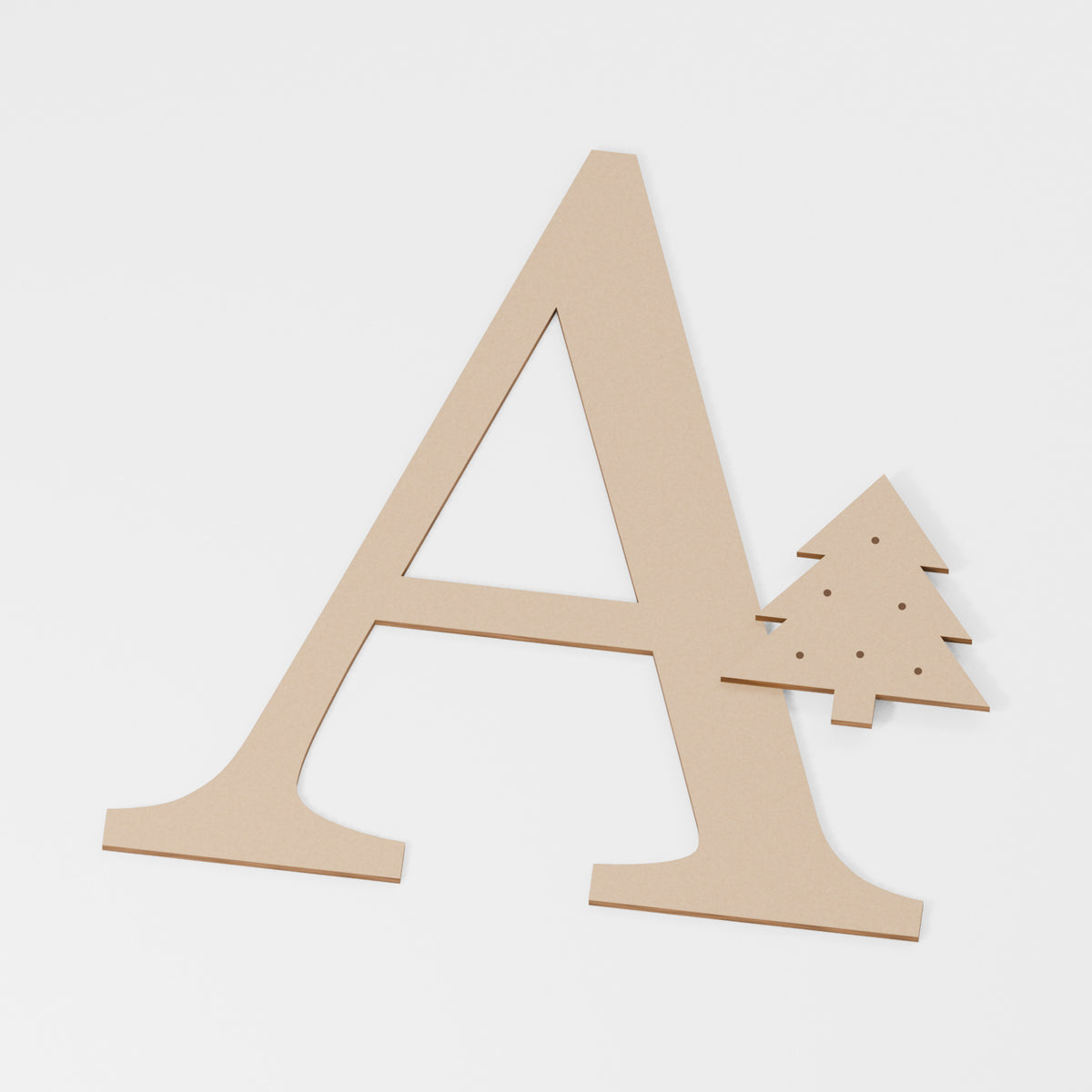Christmas Tree Decorated Letter — original 888 Cutout design in unfinished MDF; studio product visualisation