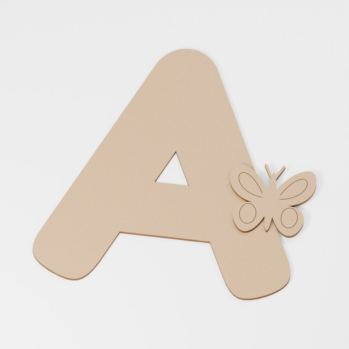 Butterfly Decorated Letter — original 888 Cutout design in unfinished MDF; studio product visualisation