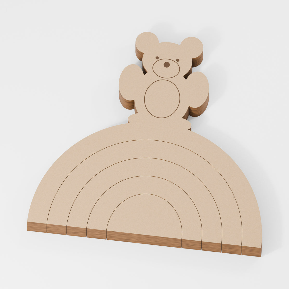Bear Stacking Rainbow Set — original 888 Cutout design in unfinished MDF; studio product visualisation
