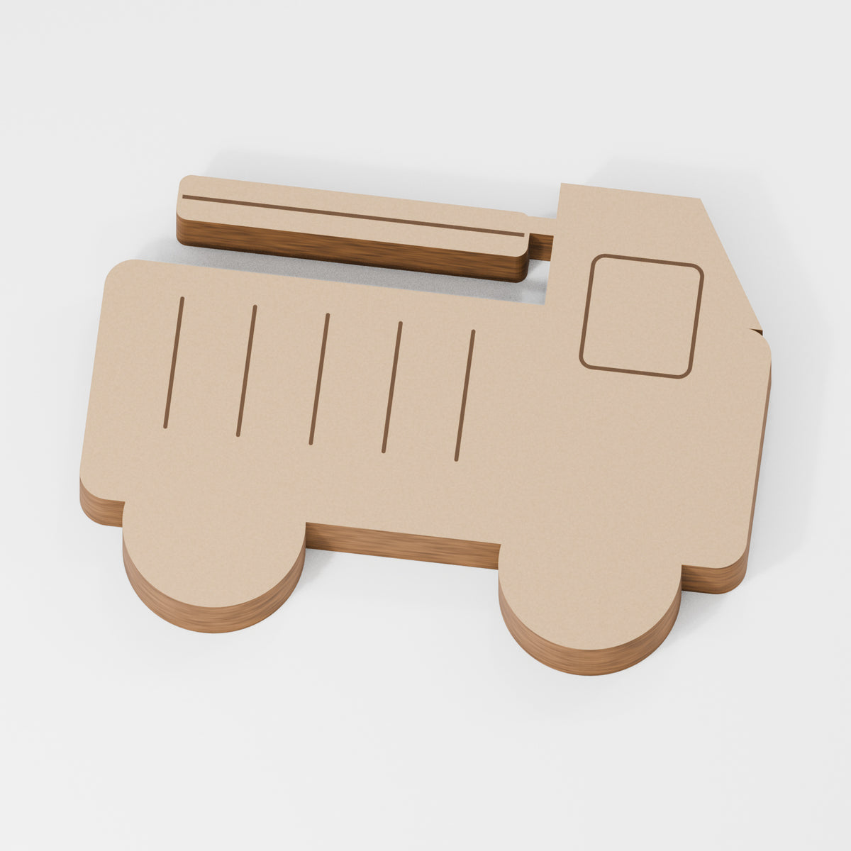 Fire Engine Standing Shape — original 888 Cutout design in unfinished MDF; studio product visualisation