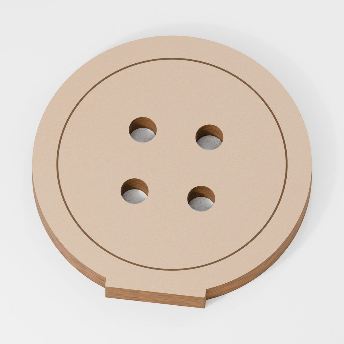 Button Standing Shape — original 888 Cutout design in unfinished MDF; studio product visualisation