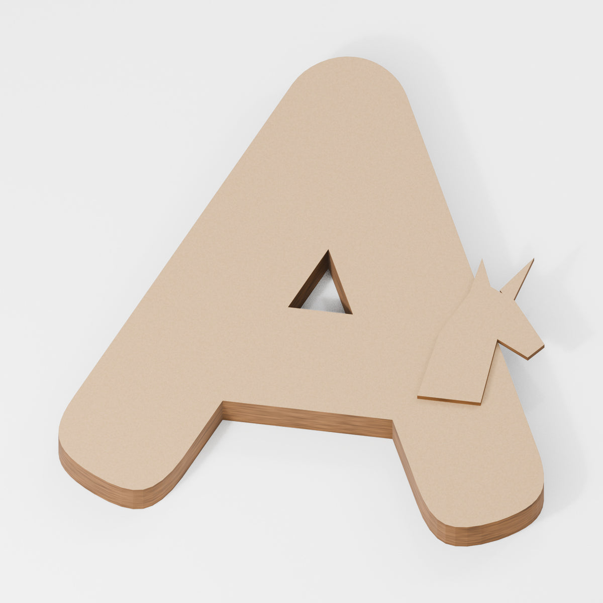 Unicorn Head Decorated Letter — original 888 Cutout design in unfinished MDF; studio product visualisation