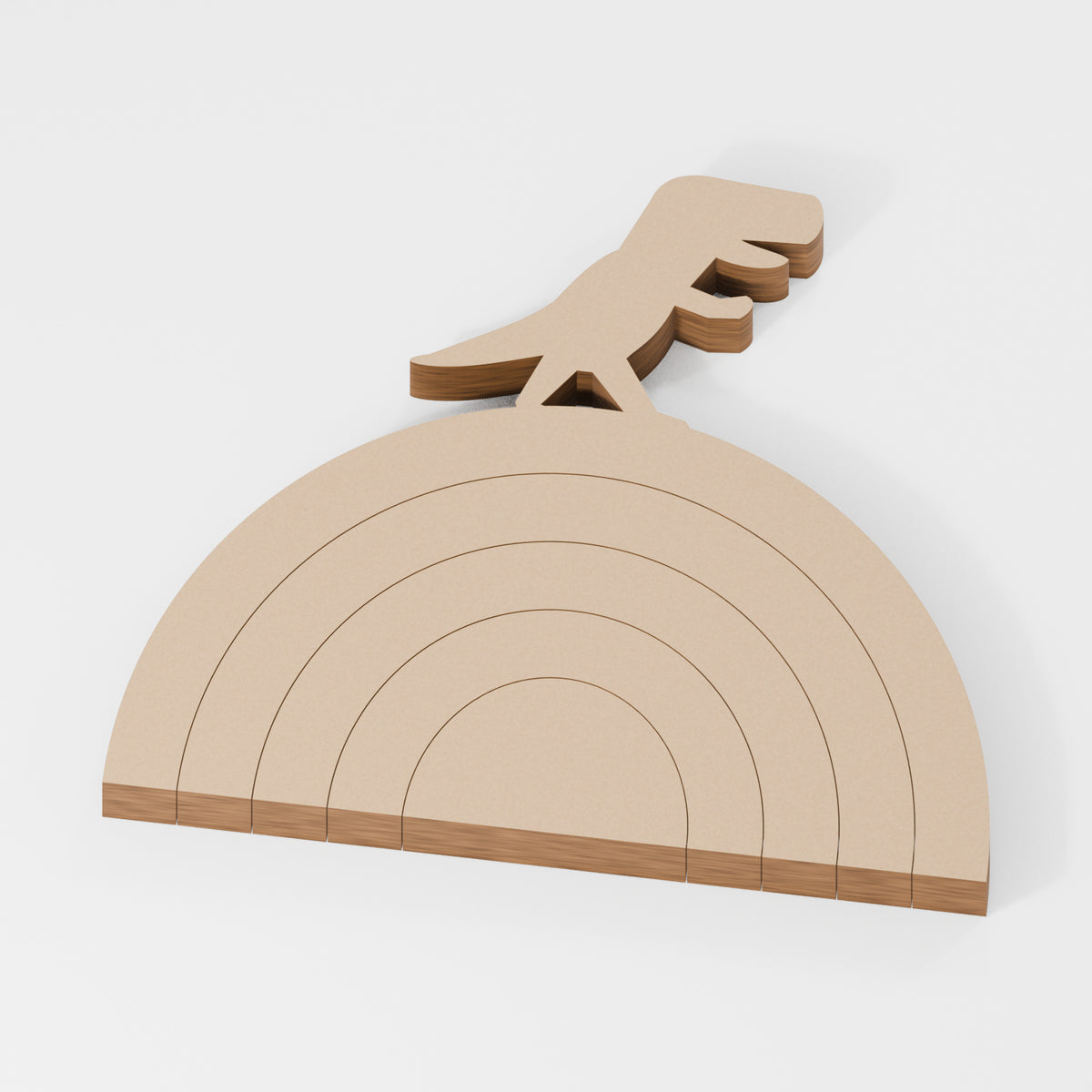 Dinosaur Stacking Rainbow Set — original 888 Cutout design in unfinished MDF; studio product visualisation