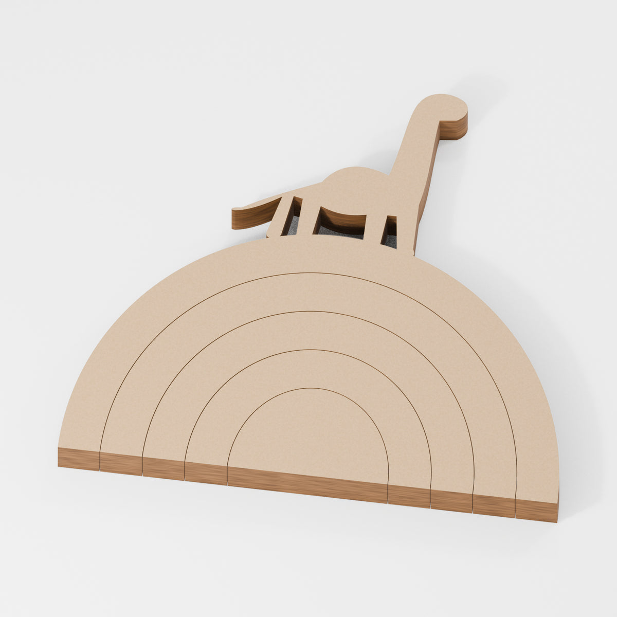 Dinosaur Long Neck Stacking Rainbow Set — original 888 Cutout design in unfinished MDF; studio product visualisation