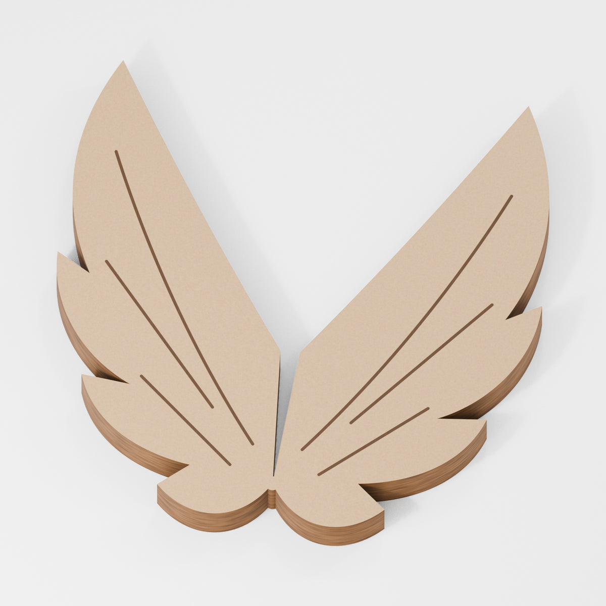 Angel Wings Standing Shape — original 888 Cutout design in unfinished MDF; studio product visualisation