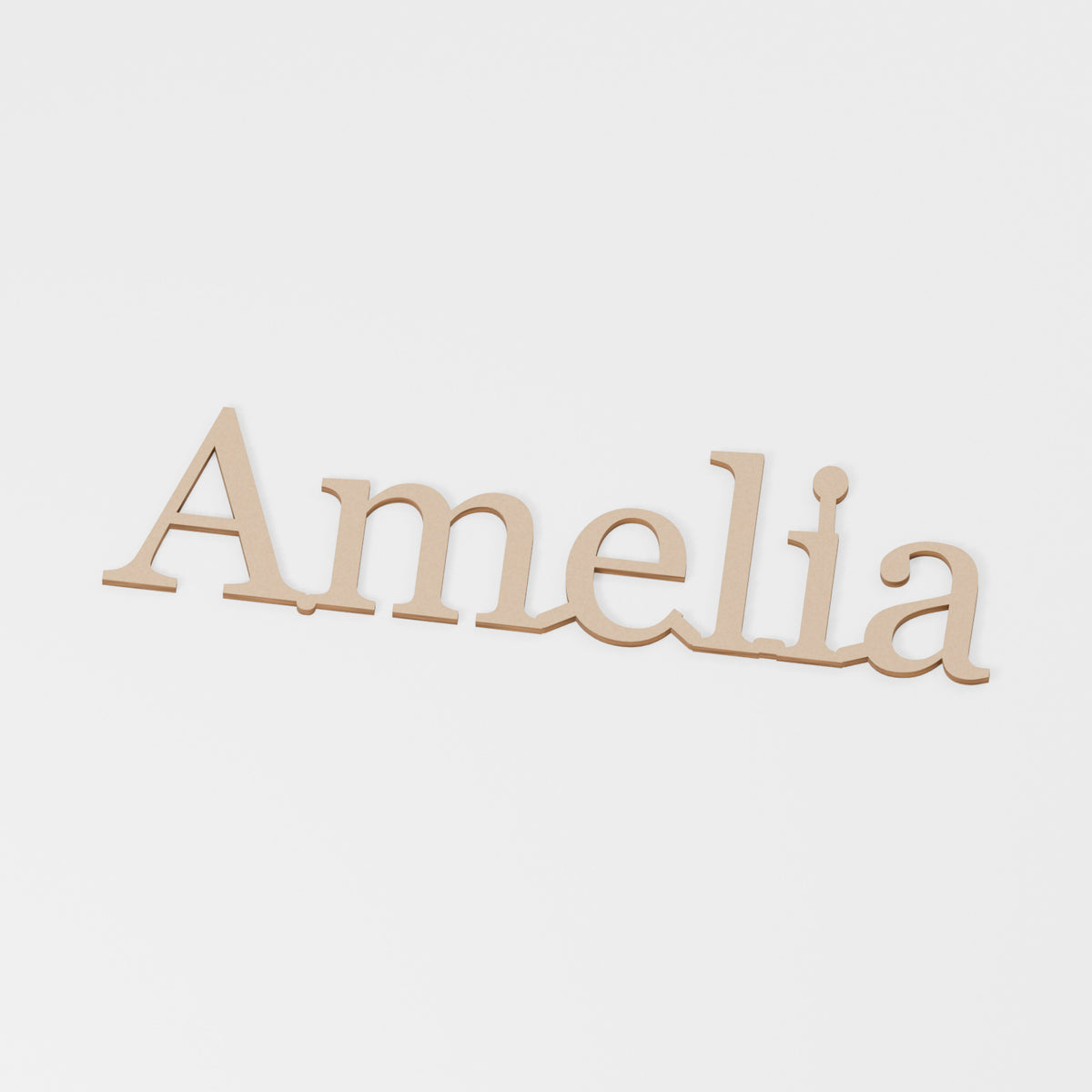 Amelia Wooden Word — original 888 Cutout design in unfinished MDF; studio product visualisation