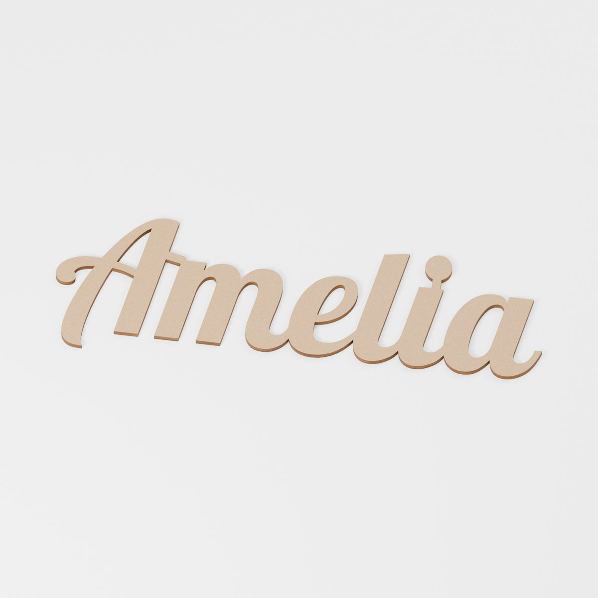 Amelia Wooden Word — original 888 Cutout design in unfinished MDF; studio product visualisation