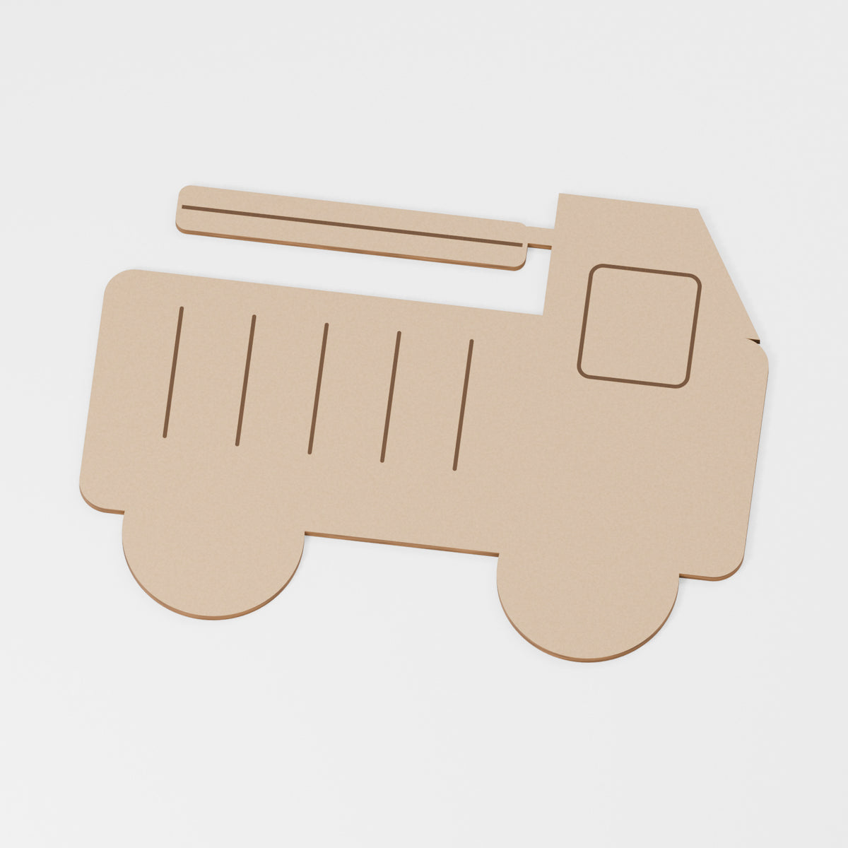 Fire Engine Craft Blank — original 888 Cutout design in unfinished MDF; studio product visualisation